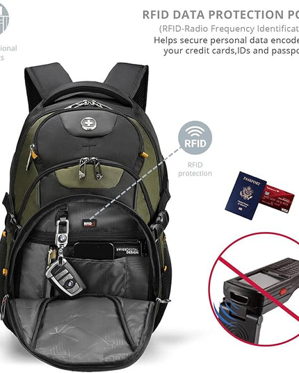Swissdigital Design Laptop Backpack, Travel Backpack with USB Charging Port Fits 15.6 inches Computer, 31L College School Bookbag for Men,Olive/Black | SD803-26