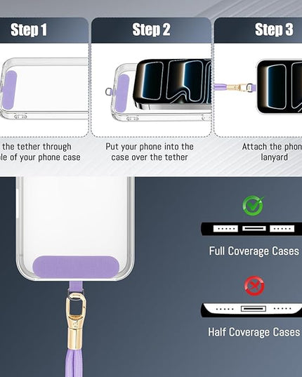 Dadanism Phone Lanyard 2 Pack, 2x Adjustable Crossbody Phone Strap, 2x Tether Tab, Anti-theft Universal Cellphone Multifuctional Patch Lanyards for iPhone & Most Smartphones, Black + Purple