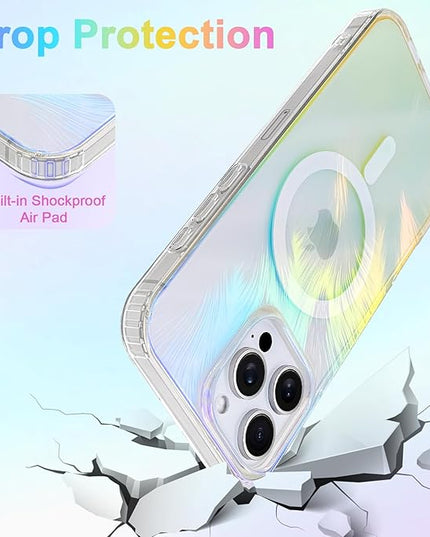 Glitter Case for iPhone 16 Pro Max Case for Women Girls [ Compatible with Magsafe ] Clear Cute Aesthetic Girly Iridescent Feather Sparkly Bling Magnetic Phone Cover, Gradient Blue & Pink