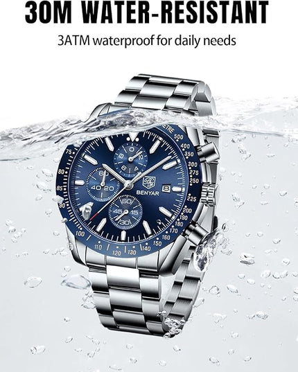 BY BENYAR Watch for Men Analog Quartz Chronograph Waterproof Luminous Designer Mens Wrist Watches Business Work Sport Casual Dress Watch with Silicone Strap Elegant Gifts for Men