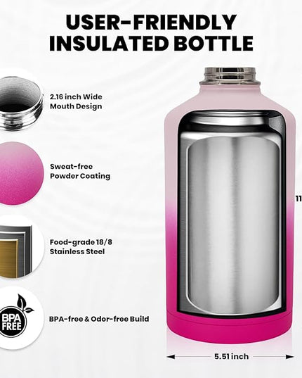 One Gallon Water Bottle Insulated, Triple Walled Vacuum Stainless Steel (Cold for 48 Hrs), Leak Proof & Non-BPA, Large Water Flask Jug with Paracord Handle & Straw Spout Lids