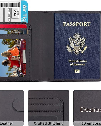 Deziliao Unisex Faux Leather Passport and Vaccine Card Holder, Black, Slim, Waterproof, Lightweight, RFID Blocking