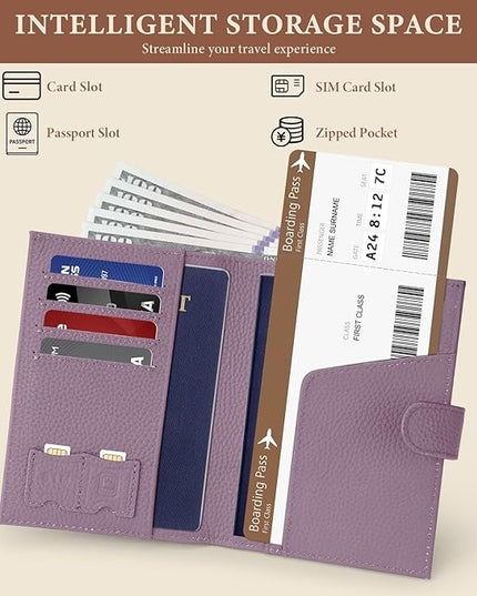 Genuine Leather Passport Holder for Women Men, Hidden Airtag Pocket, RFID Blocking, Zippered Coins Pocket & Cash Compartment Travel Gifts Essentials Passport Cover Case - Purple