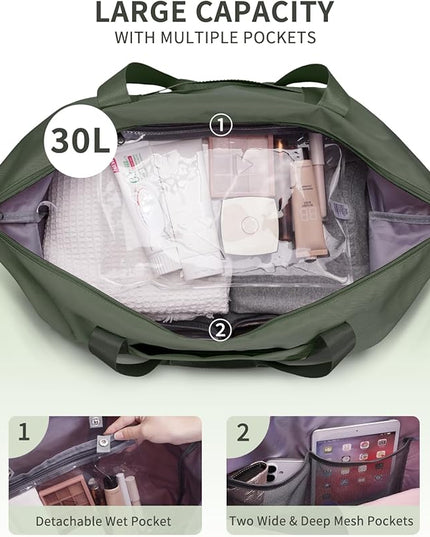 ECOHUB Travel Duffel Bag Water Resistant Weekender Bag Carry On Bags for Women Sport Gym Bags for Men Hospital Bag for Labor and Delivery Overnight Bag Luggage Bag with Trolley Sleeve 30L Army Green