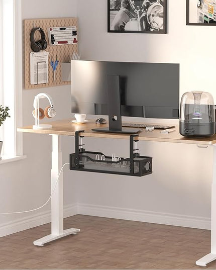 Under Desk Cable Management Large, Cinati 16" Cable Management Box for Table Thickness up to 3", Wire Cord Organizer with Clamp No Drill, No Damage to Desk (Black)
