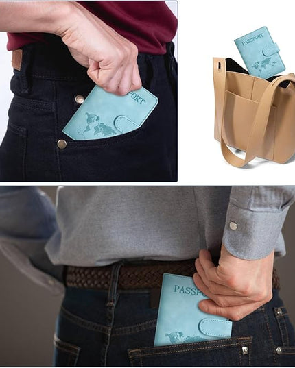 Passport Holder, Passport Cover with Credit Card Slot and Boarding Pass Slot Combo, Passport Wallet Case Book Travel Must Have, RFID Blocking Leather Travel Accessories, Light Blue