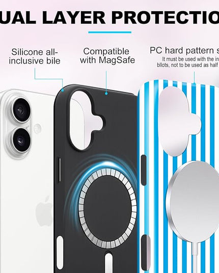Magnetic for iPhone 16 Plus Case Cute Stripes Phone Case, Shockproof Slim TPU and Hard PC Protective Phone Cover Compatible with MagSafe Designed for Women Girls, Deep Blue