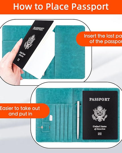 WALNEW Passport Holder for Travel, RFID Passport Cover Wallet for Women Men, PU Leather Passport Book Card Holder Case with Pen (Elastic Band Closure, C-Blue)
