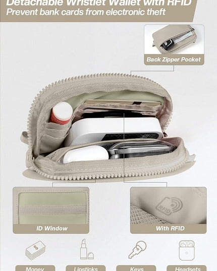 Clip and Go Strap for Phone with Wallet Crossbody Phone Lanyard Adjustable and Detachable RFID Wristlet Wallet with ID Window and Zipper, Khaki