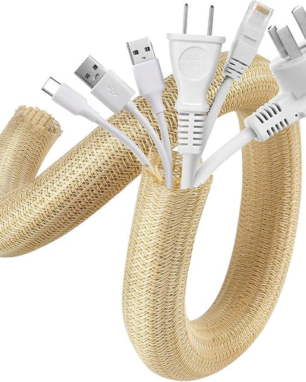 AGPTEK Cable Sleeve Cover, 2 Pack 5ft - 1.2 inch Desk Cord Organizer Cable Hider, Home Office Wire Management Computer TV Wire Loom Tubing, Pet Proof Cord Protector, from Cat Dog Chewing, Wood Color