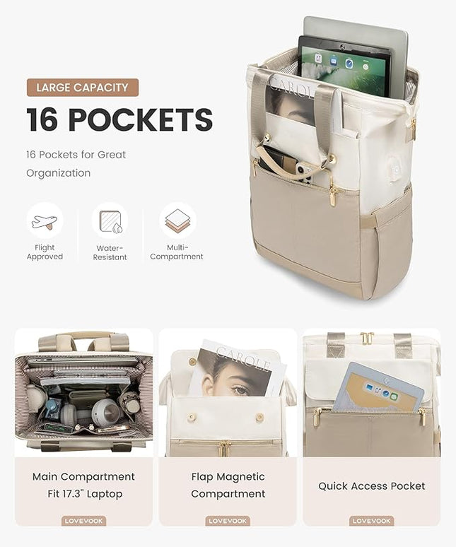 LOVEVOOK 17.3 Inch Laptop Backpack for Women, Large Capacity Travel Backpack with Organizer Bag, Waterproof Carry on Backpack Purse Work Bag with USB Port for Teacher Nurse, Beige-Khaki