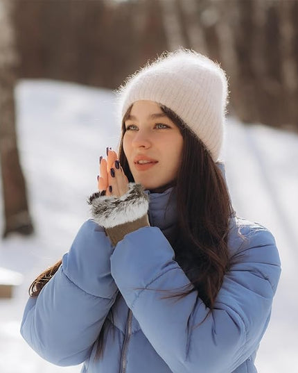 SATINIOR Women Fur Fingerless Gloves Winter Rabbit Fur Lined Half Finger Mittens for Women Girls Teen Working Writing