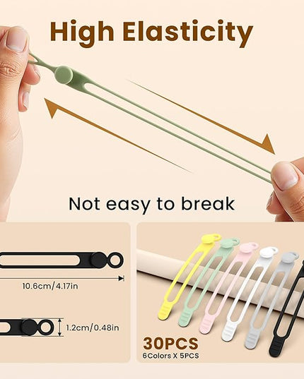 30Pcs Silicone Cable Ties,Reusable Data Cable Organizer for Office, Multipurpose Elastic Cord Management Ties for Bundling and Fastening Cable Cords Wires