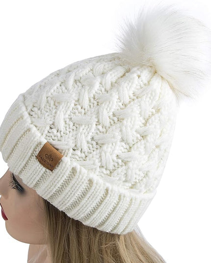 PAGE ONE Womens Winter Ribbed Beanie Crossed Cap Chunky Cable Knit Pompom Soft Warm Hat
