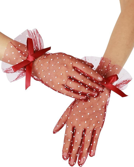 Women's Short Lace Gloves with Bow Ruffles Lace Tea Party Gloves for Wedding Costume Evening Dinner Party