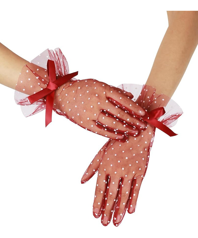 Women's Short Lace Gloves with Bow Ruffles Lace Tea Party Gloves for Wedding Costume Evening Dinner Party