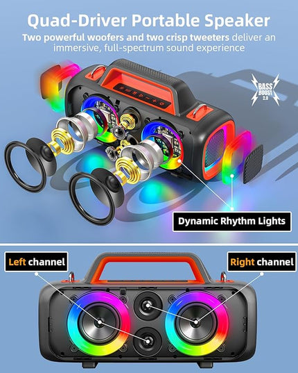 Portable Bluetooth Speaker Wireless,140W Peak Loud Sound with 2 Subwoofers and 2 Tweeters, Plus Bass Boost, IP65 Waterproof Outdoor Speaker, 24H Playtime, RGB Lights, TF/AUX/USB/Mic Input, Large Party