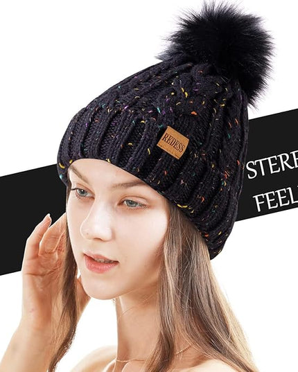 REDESS Women Winter Pompom Beanie Hat with Warm Fleece Lined, Thick Slouchy Snow Knit Skull Ski Cap