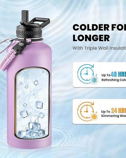 Insulated Water Bottle 87 oz, Triple Wall Vacuum Stainless Steel (Cold for 48 Hrs), Leak Proof & Non-BPA, Modern Water Flask Jug with Paracord Handle & Straw Spout Lids, Lilac