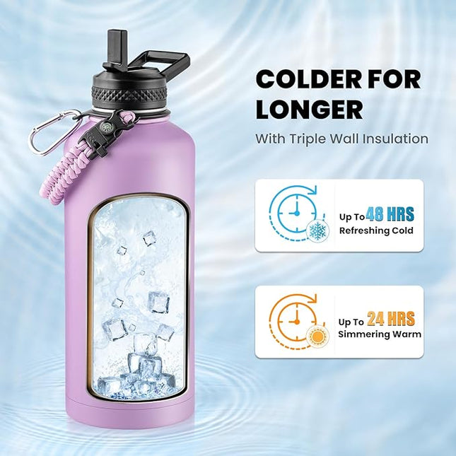 Insulated Water Bottle 87 oz, Triple Wall Vacuum Stainless Steel (Cold for 48 Hrs), Leak Proof & Non-BPA, Modern Water Flask Jug with Paracord Handle & Straw Spout Lids, Lilac