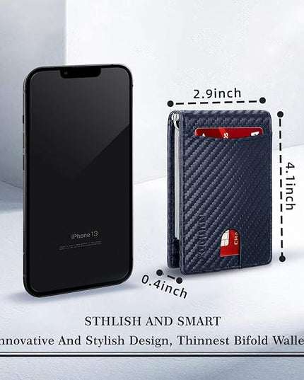 RUNBOX Slim Wallet for Men Genuine Leather RFID Blocking Bifold Minimalist Front Pocket Mens Wallet with Money Clip Thin Gift Box