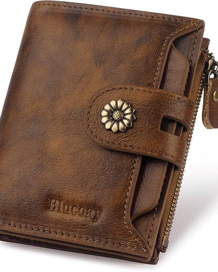 Blucoay Wallet Women,RFID Blocking Leather Womens Wallet Bifold Compact Card Holder Small Wallet for Women with Removable ID Window Darkbrown
