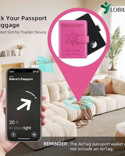 2 Pack Passport Holder For Travel with Slot for AirTag & Luggage Tag Cover – RFID Blocking Passport Holder for Travel Women/Men | PU Leather Passport Case with Pocket, Black/Pink