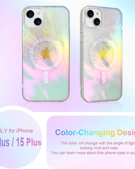 Glitter Case for iPhone 14 Plus & iPhone 15 Plus Case for Women Girls [ Compatible with Magsafe ] Clear Cute Aesthetic Girly Iridescent Feather Sparkly Bling Magnetic Phone Cover, Blue & Pink