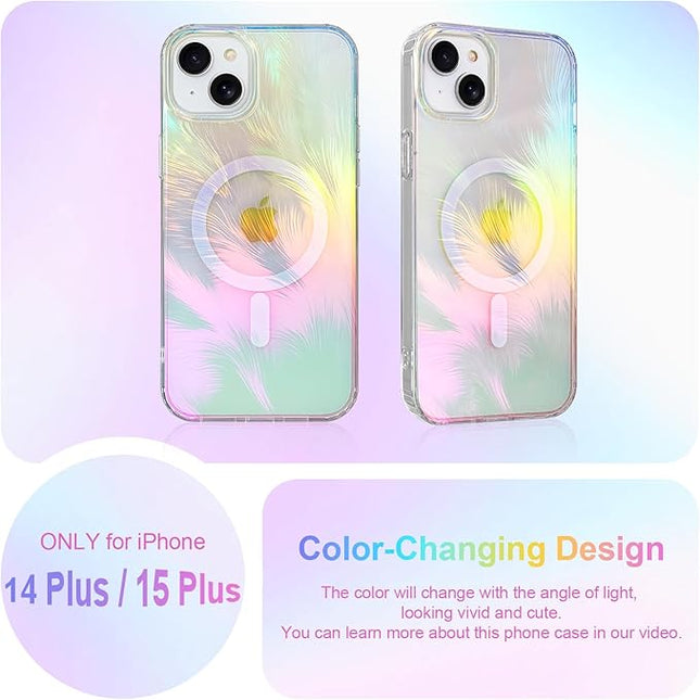 Glitter Case for iPhone 14 Plus & iPhone 15 Plus Case for Women Girls [ Compatible with Magsafe ] Clear Cute Aesthetic Girly Iridescent Feather Sparkly Bling Magnetic Phone Cover, Blue & Pink