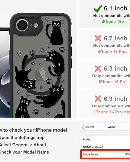 Cute Magnetic Case for iPhone 16e Case [ Compatible with MagSafe ] with Black Cat Cats Pattern Design for Women Girls Boys, Soft Bumper Hard Back Kawaii Animal Protective Phone Cover