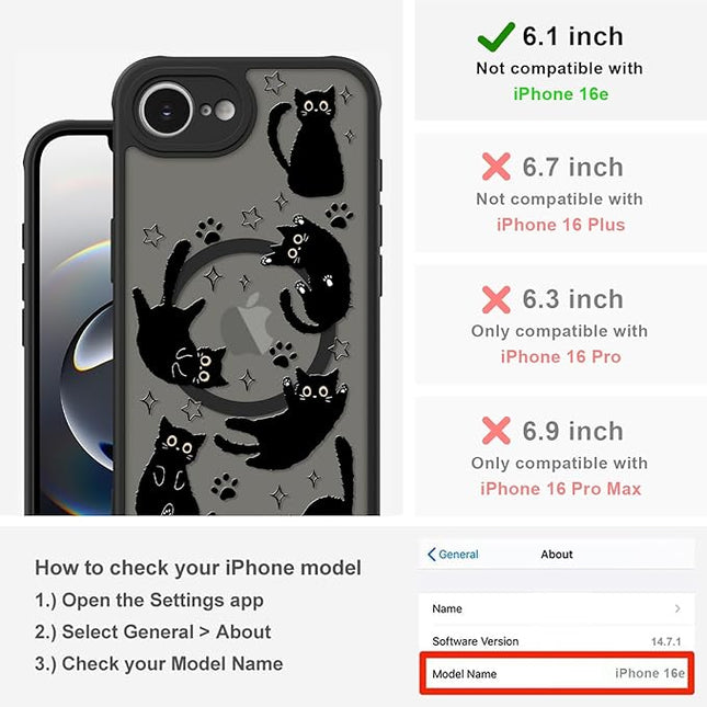 Cute Magnetic Case for iPhone 16e Case [ Compatible with MagSafe ] with Black Cat Cats Pattern Design for Women Girls Boys, Soft Bumper Hard Back Kawaii Animal Protective Phone Cover