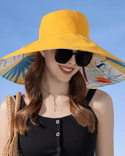 HUAMULAN Women Summer Sun Hat Wide Brim Wired Edge Floral Beach Bucket Hats Reversible Foldable Travel UV Protection Lady Hat