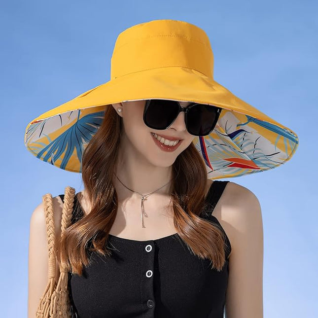 HUAMULAN Women Summer Sun Hat Wide Brim Wired Edge Floral Beach Bucket Hats Reversible Foldable Travel UV Protection Lady Hat