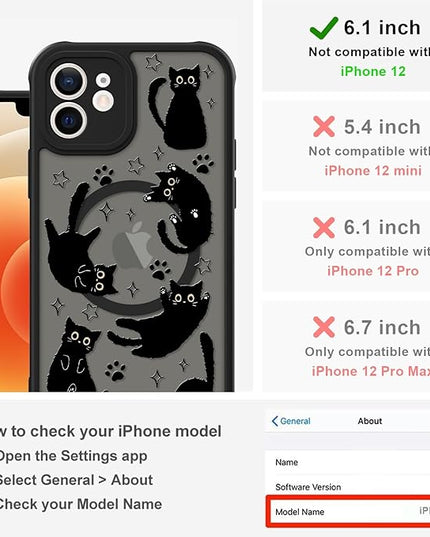 Cute Magnetic Case for iPhone 12 Case [ Compatible with MagSafe ] with Black Cat Cats Pattern Design for Women Girls Boys, Soft Bumper Hard Back Kawaii Animal Protective Phone Cover