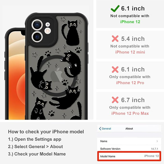 Cute Magnetic Case for iPhone 12 Case [ Compatible with MagSafe ] with Black Cat Cats Pattern Design for Women Girls Boys, Soft Bumper Hard Back Kawaii Animal Protective Phone Cover