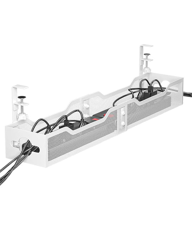Under Desk Cable Management Tray White, Litwaro Cable Management Under Desk No Drill, 25'' Cable Tray with Clamp for Wire Management, Cord Organizer for Office, Home - No Damage to Table