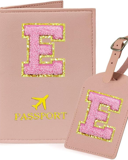 COSHAYSOO Initial Passport Cover Luggage Tag Set Letter Passport Holder Airplane Cruise Travel Essentials Vacation Traveling Accessories Personalized Gifts for Women Teen College Girls Pink E