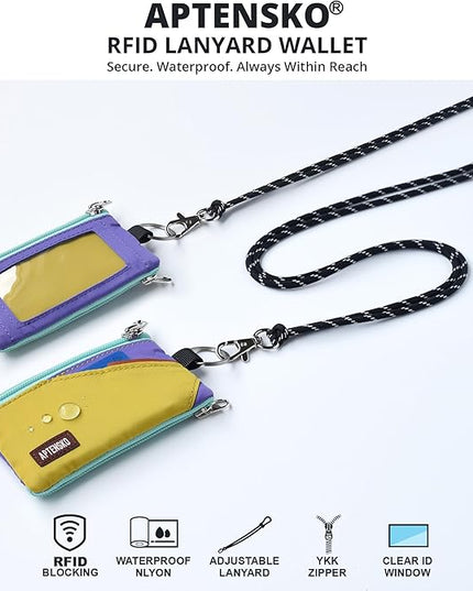 RFID Travel Wallet with Adjustable Lanyard-Zipper Small Wallet with ID Card Holder, Keychain for women&men-Minimalist Slim Waterproof Nylon case for ID, Cash, Key (DarkYellow+Violet)