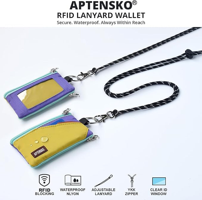 RFID Travel Wallet with Adjustable Lanyard-Zipper Small Wallet with ID Card Holder, Keychain for women&men-Minimalist Slim Waterproof Nylon case for ID, Cash, Key (DarkYellow+Violet)