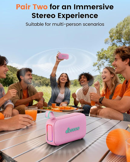 Bluetooth Speaker Stereo 20W Loud Sound: 30H Playtime, IPX5 Water Resistant, Portable Wireless Speakers, Powerful Bass, Lightshow, Birthday Gifts for Men/Adults/Teens, Beach Vacation Essentials, Pink