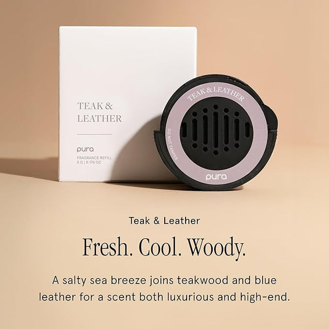 Pura Car Diffuser Starter Set - Plug-In Smart Car Aroma Diffuser & Premium Car Diffuser Fragrance - Long-Lasting Fragrance for 30 Days of Aroma - Car Must-Have - Teak & Leather