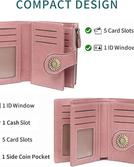 SENDEFN Small Womens Wallet Leather Bifold Card Holder RFID Blocking with Zipper Coin Pocket