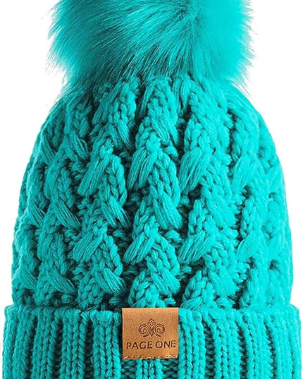 PAGE ONE Womens Winter Ribbed Beanie Crossed Cap Chunky Cable Knit Pompom Soft Warm Hat