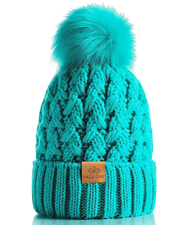PAGE ONE Womens Winter Ribbed Beanie Crossed Cap Chunky Cable Knit Pompom Soft Warm Hat
