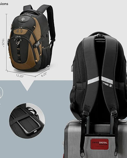 Swissdigital Design Laptop Backpack, Travel Backpack with USB Charging Port Fits 15.6 inches Computer, 31L College School Bookbag for Men,Tan/Black | SD803-34
