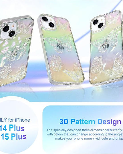 Cute Case for iPhone 14 Plus & iPhone 15 Plus Case for Women Girls, with 3D Butterflies Pattern Design, Aesthetic Clear Iridescent Glitter Kawaii Girly Rainbow Protective Phone Cover