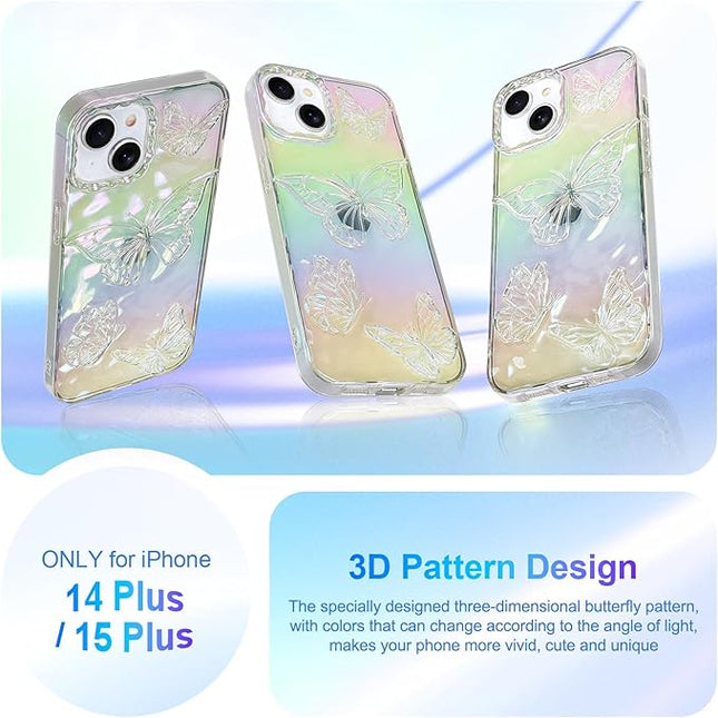Cute Case for iPhone 14 Plus & iPhone 15 Plus Case for Women Girls, with 3D Butterflies Pattern Design, Aesthetic Clear Iridescent Glitter Kawaii Girly Rainbow Protective Phone Cover