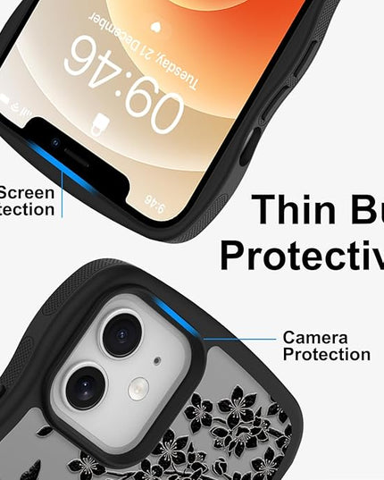 Wavy Case for iPhone 12 Case with Stand [Compatible with MagSafe] Cute Black Cat & Floral & Butterflies Pattern Design, Kawaii 360 Magnetic Ring Kickstand Phone Cover for Women Girls