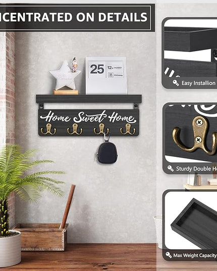 buways Key Holder for Wall Decorative, Rustic Wooden Key Hanger for Wall with 4 Double Key Hooks, Farmhouse Key Holder Rack and Mail Organizer for Home Entryway Decor(Black)