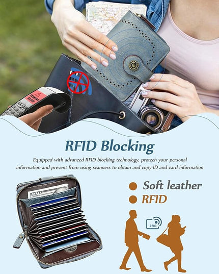 TFKGS Small Womens Wallet Leather RFID Blocking Bifold Compact Card Holder Ladies Zipper Accordion Pocket with ID Window Blue